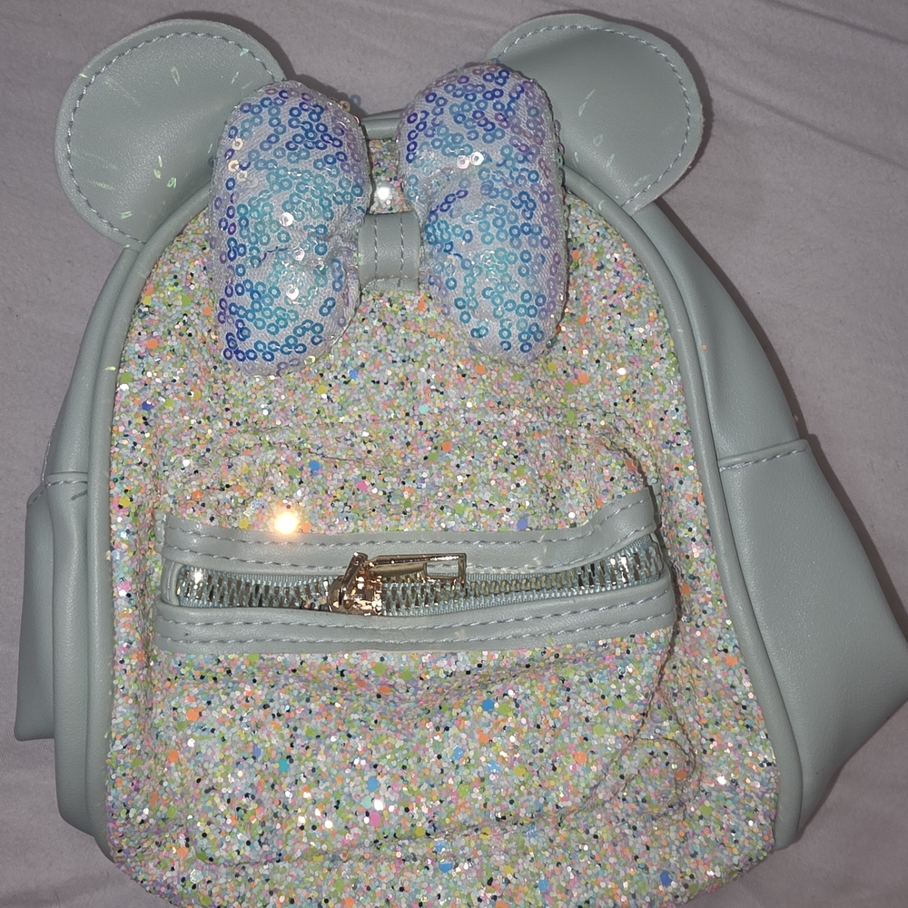 Kids Disney Minnie Mouse Glitter Mini Backpack Purse Bag with Bow - Light Mint